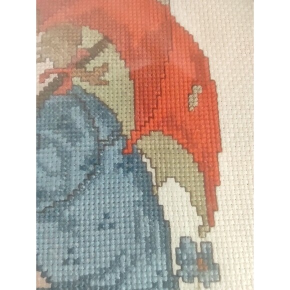 14X14" Needlepoint Framed Pictures Cross Stitch Art 70s Girl Flowers Parasol - Picture 8 of 9